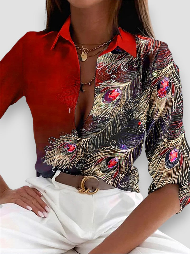 Elena | Elegante Camicia con Stampa di Pavone