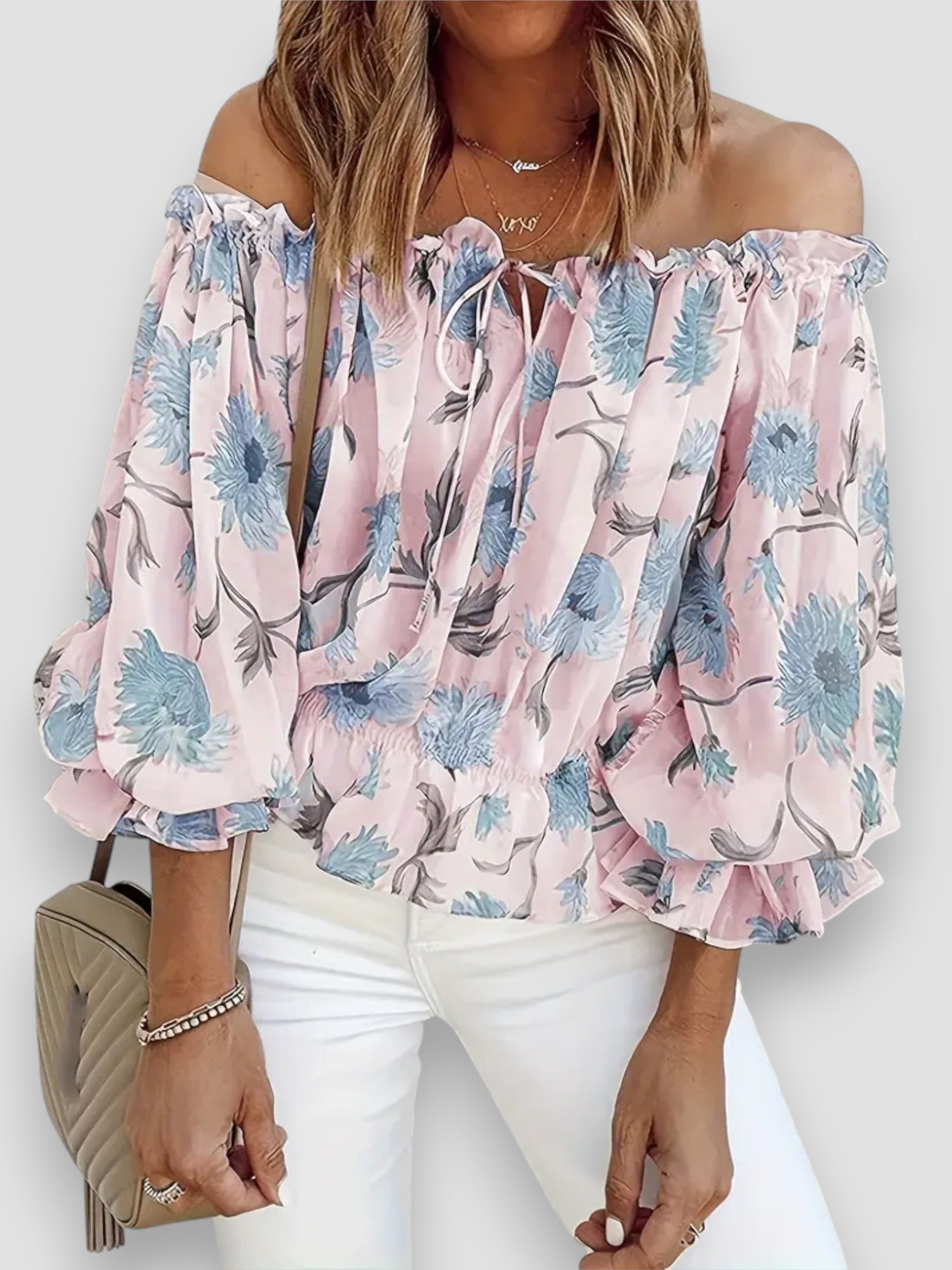 Camila – Blusa in Chiffon con Spalle Scoperte e Motivo Floreale