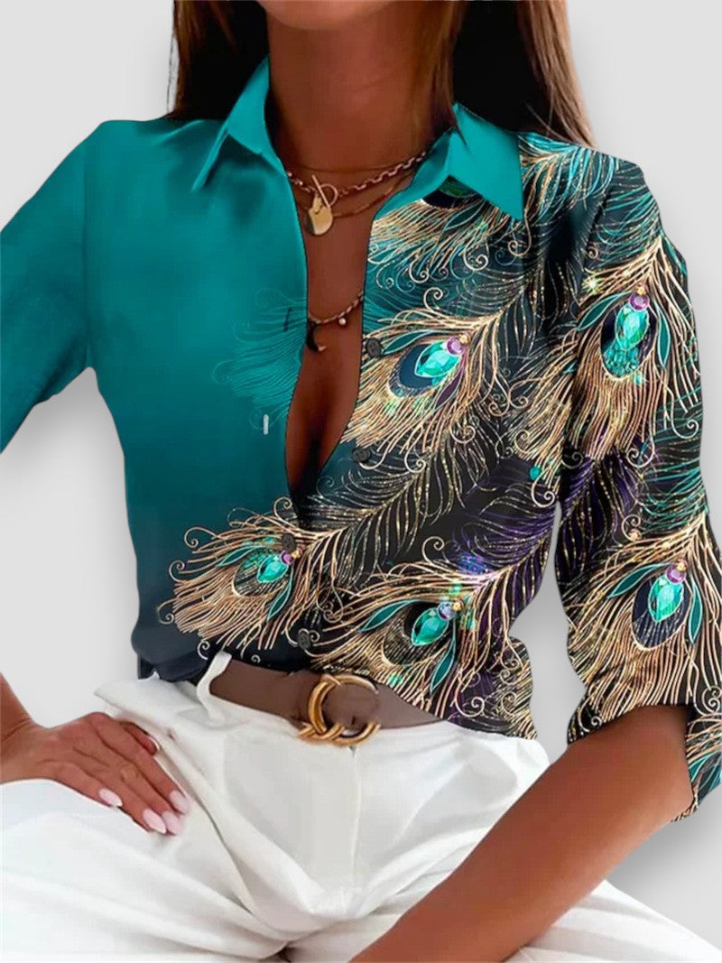 Elena | Elegante Camicia con Stampa di Pavone