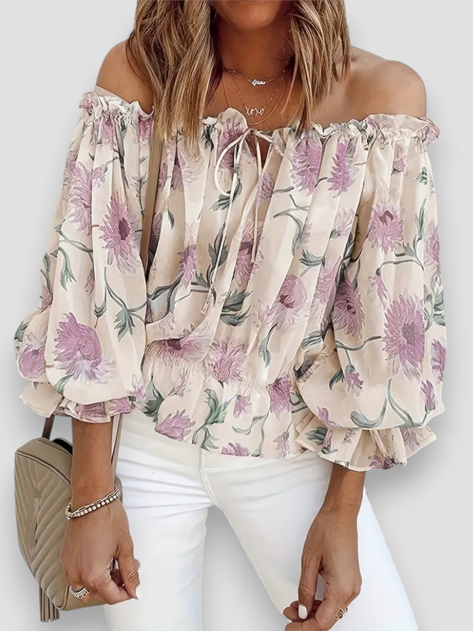 Camila – Blusa in Chiffon con Spalle Scoperte e Motivo Floreale